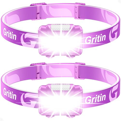 Gritin Stirnlampe LED, Superhell Kopflampe mit 3 Modi, IPX5 Wasserdichte Leichtgewichtige Mini Stirnlampe fürs Laufen, Campen, Joggen, Angeln, 2 Stück -Hellviolett