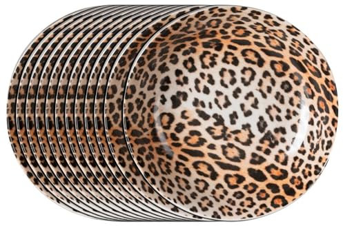 Home4You Suppenteller 12er Set - Braun - Schwarz - Porzellan - Ø 20,5 cm - Leopardenmuster