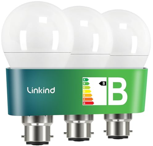 Linkind Ultra-efficient B22 Bayonet Light Bulb, 4.3W = 60W, 806lm, 2700K Warm White, 50,000H Lifespan, Energy Class B, Non-dimmable, Pack of 3