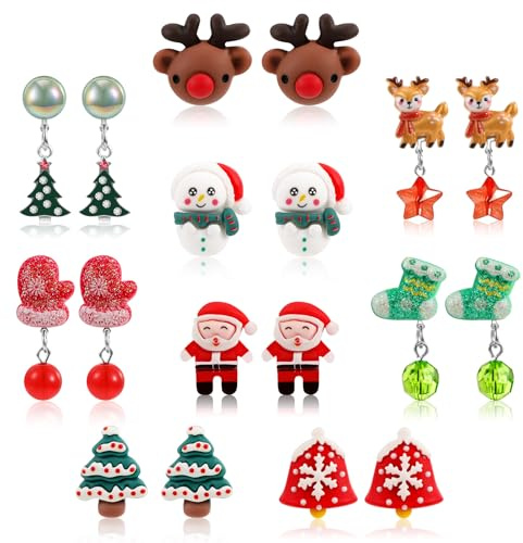 9 Paar Ohrclips Weihnachten Weihnachts Clip Ohrringe Kinder Mädchen | Klipp Ohrringe Weihnachten Weihnachtsohrringe Kinder Ohne Ohrlöcher Weihnachtsbaum Schneeflocken Ohrringe Geschenke Mädchen
