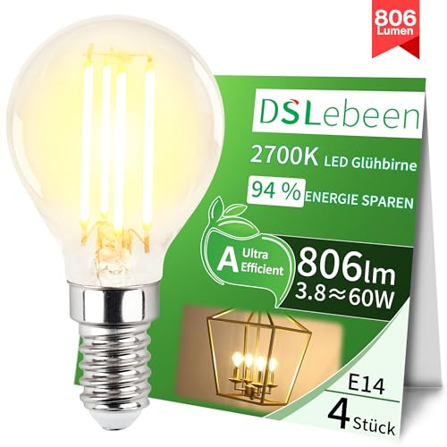 DSLebeen E14 LED 806LM 3.8W Glühbirne P45 Filament Warmweiß 4er Pack | 806LM bei 3.8W (ersetzt 60W), 2700K warmweiß, P45 Filament, nicht dimmbar. Ideal für Kronleuchter, Nachtlicht, Salzlampe.