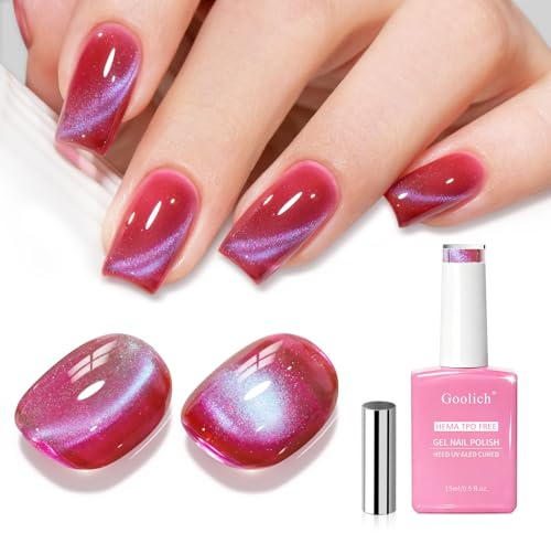 Goolich Pink Cat Eye Gel Nail Polish, 15ML HEMA & TPO Free Tomato Pink Holographic Glitter Shimmer Magnetic Gel Polish with Magnet Soak off UV LED Nail Design Manicure