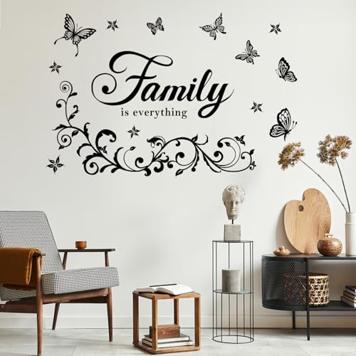 FUFUQUARE Moderne Adesivi Murali Frasi Famiglia Adesivi da Parete Farfalle Fiori Neri Stickers Murali Removibili per Decorazione Parete Soggiorno Camera da Letto Sala da Pranzo