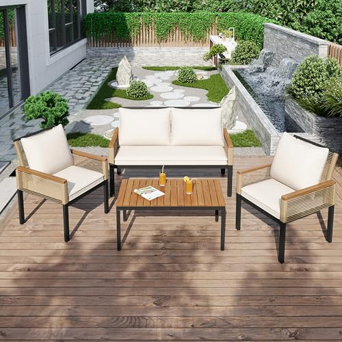Yrxin Gartenlounge-Set, Gartenmöbel Set mit bequemem Kissen, Doppelsofa, 2 Sessel und Tisch, Outdoor Rattan, Tisch und Stühle, für Terrasse, Garten und Balkon (Beige, 4-Personen)
