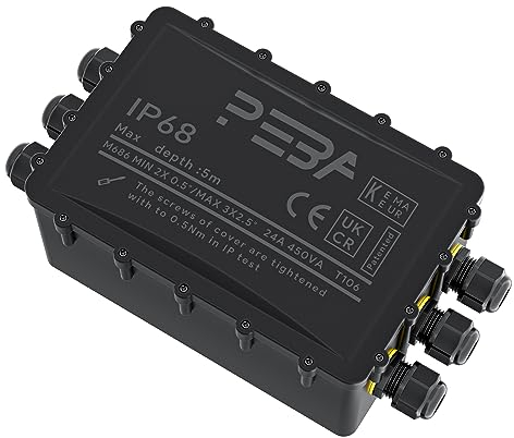 PEBA Abzweigdose Wasserdicht IP68, Großer Verteilerdose Aufputz 295x165x115 mm, M25 Kabelverschraubung für 4-14 mm Kabel, Kabelverteiler Wasserdicht, Outdoor Garten Erdkabel Abzweigdose schwarz 6 Wege