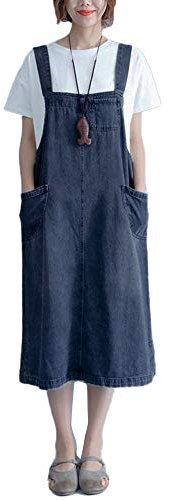 DAIHAN Donna Lungo Vestito Salopette Jeans Overall Denim Vestiti Senza Maniche Abito Denim Blu L