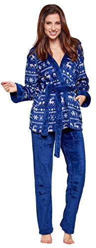 Selente Sweet Dreams Soffice completo donna per casa in caldo pile: vestaglia con tasche, cappuccio, cintura e pantaloni, blu renne, L