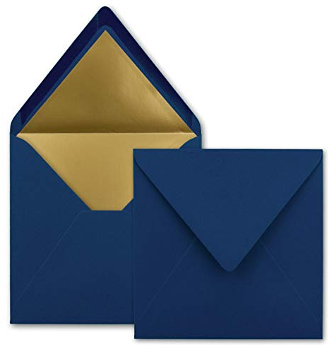 50 quadratische Brief-Umschläge - 15,5 x 15,5 cm, Dunkelblau (Blau) - mit Gold-Papier gefüttert - Nassklebung - FarbenFroh by GUSTAV NEUSER