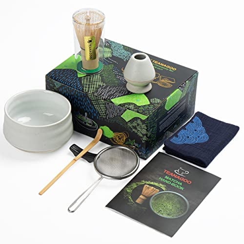 TEANAGOO Matcha Kit, Juego de té japonés, Tazón Matcha, Batidor de bambú Matcha, Cuchara, Tamiz, Soporte para batidor, Juego de batidor Matcha N1, Polvo de té verde Matcha…