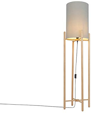 Qazqa - Landhaus I Vintage Land Stehlampe Holz mit grauem Schirm - Lengi I Wohnzimmer I Schlafzimmer - Textil Länglich I Zylinder - LED geeignet E27