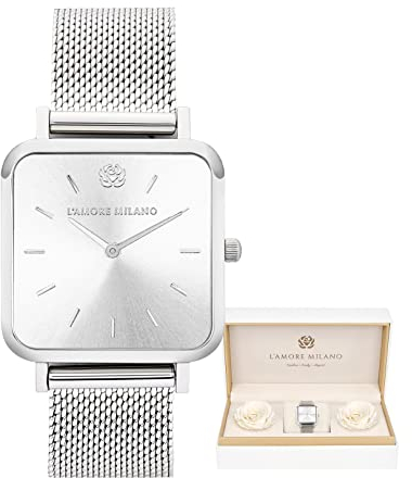 L'AMORE MILANO - Orologio donna in scatola rose - Bel regalo donna fidanzata, mamma - Orologio di alta qualità scatola regalo, impermeabile 3 ATM - Regali per lei - 28mm quadrante orologio argento