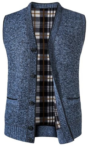 Yukirtiq Herren Fleece-Fütterung Ärmellose Strickjacke Pullunder Strickweste mit V-Ausschnitt und Knopfleiste Dicker Gilet Winterweste für Männer, Blau, L
