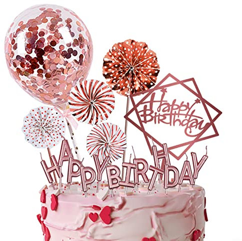 IEALODS Rose Gold Cake Topper Decoration with Happy Birthday Candles, Acrylic Birthday Cake Topper, Confetti Balloon and Paper Fans for Rose Gold Theme Birthday Party Decor Girl Women
