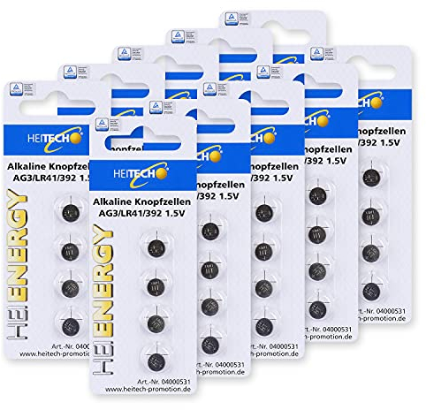 HEITECH 40er Pack AG3 Alkaline Knopfzellen Batterie 1,5V - LR41 / L736 / LR736 / SR41 / SR736W / SR41W / 192/392 - Knopfbatterien auslaufsicher & mit Langer Haltbarkeit