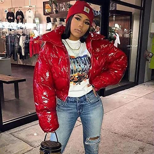ZXCL Neonfarbe Damen Daunenjacke 2021 Langarm Parka Stehkragen Winter Warme Mantel Spiegel Glatte Reißverschluss Mantel-Red,XXL