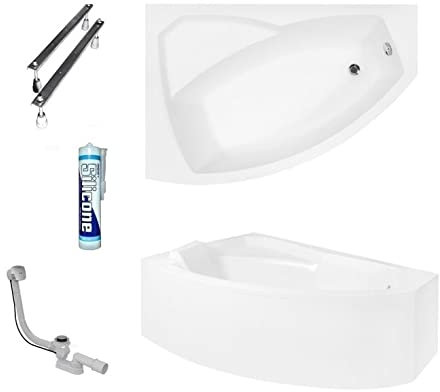 ECOLAM Baignoire d'angle Rima 140x90 cm | version gauche | tablier acrylique | pieds siphon + silicone | Belle forme | Set complet