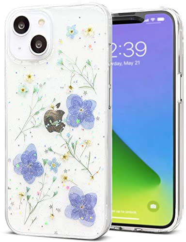 CEOKOK Designed for iPhone 13 Bling Gliter Aesthetic Case Clear with Natural Flower Pattern Design Soft TPU Pressed Real Floral Shockproof Women Girls Phone Cover (Delphinium)
