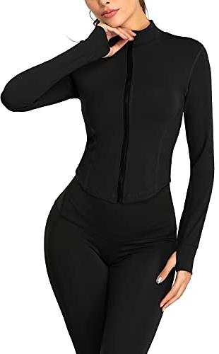 SEAUR Damen Sportjacke Slim Fit Dünn Laufjacke Schwarz Sommer Atmungsaktiv Sweatjacke Schnelltrocknend Trainingsjacke Fitness Yoga Jacke - M