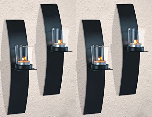 Novaliv 4X Wandkerzenhalter Vintage Metall mit Glas 29 x 10 x 6 cm Schwarz Kerzenhalter Wand Teelichterhalter Deko Wohnzimmer Dekoration Wanddeko Vintage Deko Teelicht Wandhalter