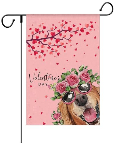 Happy Valentines Katze Gartenflagge Willkommen Rot Rosa Liebe Herz Blumen Hochzeit Jahrestag Hof Flagge Vertikale Doppelseitig 31.7x45.7 cm Bauernhaus Frühling Urlaub Außendekorationen Jutehaus Banner