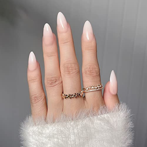 JUSTOTRY 24 Pcs Nude Short False Nails Stiletto,Gradient Brown Press on Nails Pattern, Glossy Fake Nail Short,Almond Stick on Nail for Women,Nails Fake Nail Medium for Nail Art
