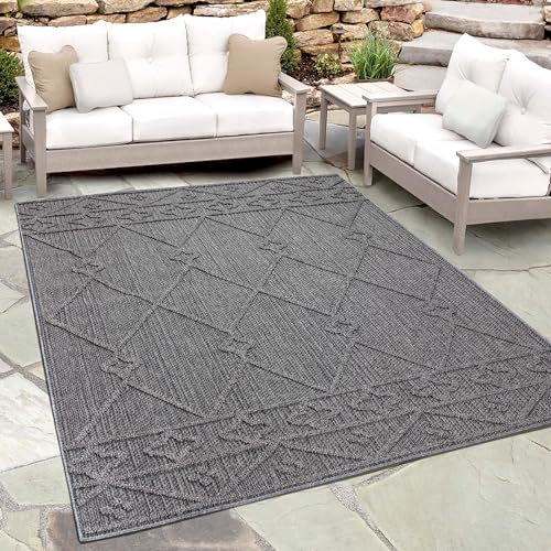 Teppium Outdoor Teppich Wetterfest 200 x 300 (200x290 cm) Grau - Sisal Optik Balkon Teppich Wasserfest, Waschbar und Flachgewebe - Terrassen und Garten Teppich für Draußen, Camping und Küche