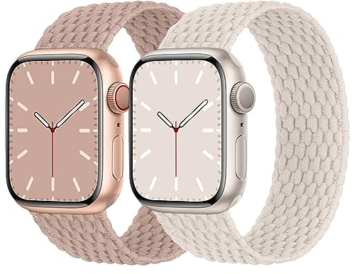 Solo Loop Geflochtenes Armband Kompatibel mit Apple Watch 38mm 40mm 41mm 42mm, Nylon Elastisches Band für Apple Watch 10 9 8 SE 7 6 5 4 3 2 1, Sand Rosa/Polarstern S