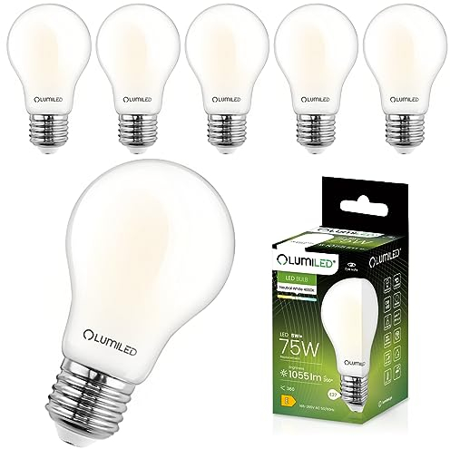 Lumiled A60 E27 LED Lampen 6 Stück, 8W (ersetzt 75W), 1055 lm Classic milchig Filament, milchiges Leuchtmittel, E27 Sockel 4000K Neutralweiß Birne Lampe, 360° Abstrahlwinkel Glühbirne vintage