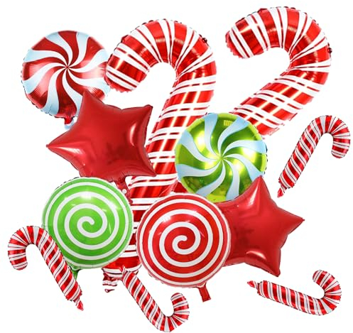 Weihnachten Folienballons Set, Große Weihnachts Deko Süßigkeiten Zuckerstangen Stern Helium Ballons, Rot Grün Weihnachtsdeko Bonbon Candy Luftballons für Kinder Christmas Candyland Party Dekoration