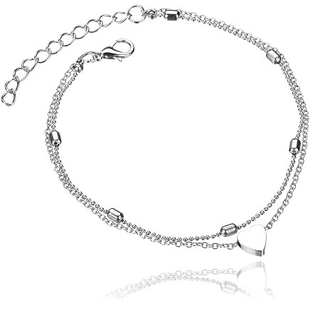 OSUWLSI Bracelets de Cheville en Acier Inoxydable Ensemble pour Femmes Argent Cheville Perle Coeur Chaîne Cheville Bracelet Double Laye Cheville Coeur Pendentif Cheville Dainty Cheville Réglable