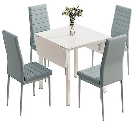 JEFFORDOUTLET Dining Table and Set of 4 Chairs, Drop Leaf Kitchen Table With Grey PU Leather High Back Chair