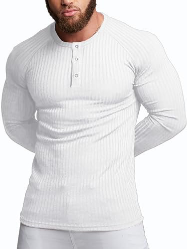 Agilelin Men's Cotton Long Sleeve Shirt,Slim Fit Muscle Shirts,Casual Henley Shirt,Ribbed T-Shirt（White/S