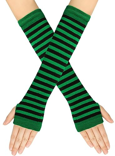Damen Fingerlose Handschuhe Frauen Lang Gestreifte Fingerlos Handschuhe 1 Paar Warmer Halb Handschuhe Winter Pulswärmer Armstulpen Ellenbogenlange Winter Thermo Dehnbar Handschuhe mit Daumenloch
