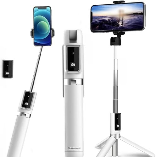 URBANWAZE Perche à selfie extra longue avec trépied amélioré et télécommande sans fil – Compatible avec iPhone, Samsung, Huawei, Xiaomi et caméra d'action (noir) – 101 cm extensible, portable (blanc)