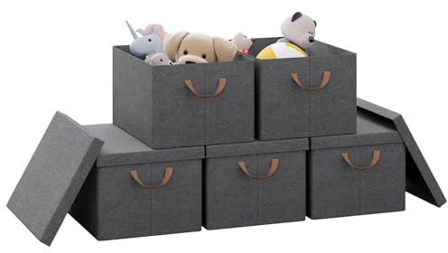 WOLTU Aufbewahrungsbox mit Deckel 5 Stück, aus Polyesterstoff, für Schlafzimmer, Arbeitszimmer, Wohnzimmer, Organizer Box mit Griffen, faltbar, Grau, 43x26x33 cm