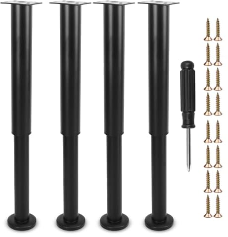 Furniture Adjustable Legs, Metal Bed Support Leg Central Slat Frame Couch Replacement Support Leg Part Heavy Duty Furniture Foot with Screwdriver for Cabinet/Dresser/Table/Sofa 25-42cm (Black 4 Pcs)