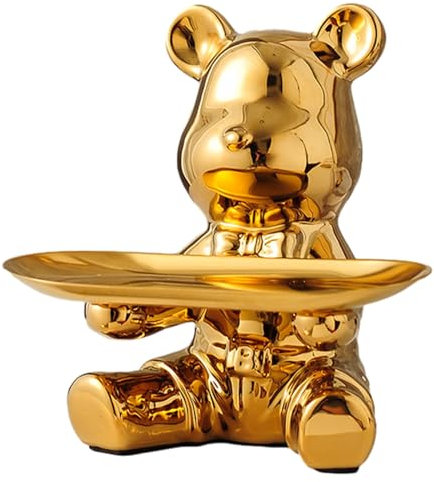 Bandeja pequeña para almacenamiento de llaves, escultura de oso polar de resina con bandeja de metal, estatuilla de animal, estatua de pie, organizador de joyas de dulces para mesa ( Color : Gold B )