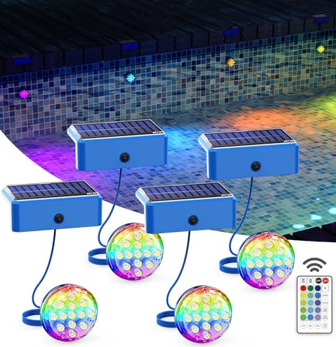Solar Pool Lights for Inground Pools Waterproof with Remote, Outdoor Solar Lights, RGB 16 Colors Changing Submersible LED Pool Lights for Above Ground Pools Accessories, Garden Decoration(Blue,4Pack)