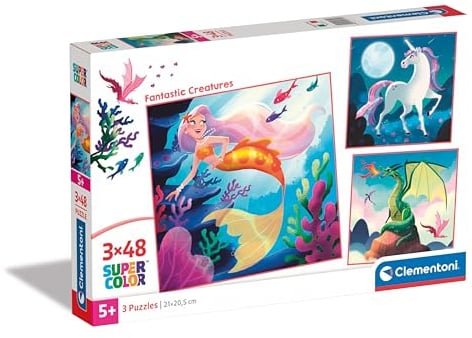 Clementoni Fantastic Creatures Puzzle 3 x 48 Teile - Puzzle 32 x 22 cm für Kinder ab 5 Jahre - buntes Kinderpuzzle mit besonderer Leuchtkraft & Farbintensität 25319