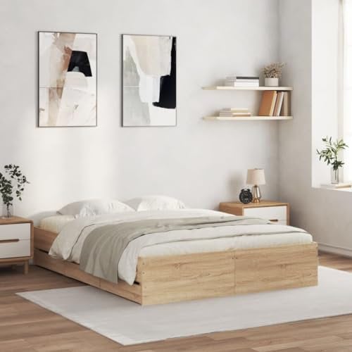 vidaXL King Size Bed Frame with Drawers - Sonoma Oak Engineered Wood, 150x200 cm with Sturdy Plywood Slats and Storage