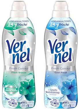 VERNEL Weichspüler-Set 2x 37 Waschladungen (74WL) Fresh Control 1x Cool Fresh & 1x Fresh Breeze, Wäscheduft für 24/7 langanhaltende Frische mit Geruchs-Neutralisierungs-Technologie