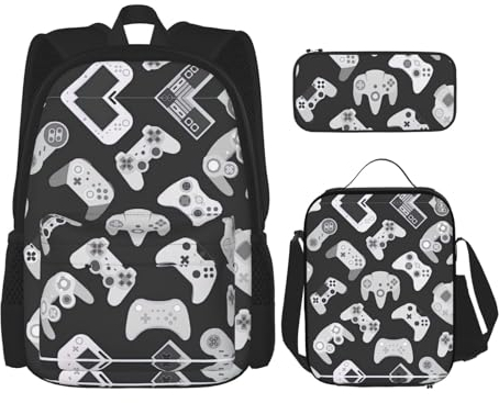 HJLUUFT Game Controller Practical 3pcs Backpack Set – Large School Bag With Lunch Box And Pencil Case For Students,Backpack And Lunch Box Set