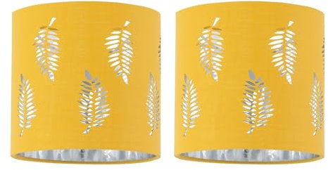 Set of 2 Ochre Yellow Table Lamp Shades, Lampshades for Table Lamp or Bedside Light, Fern Leaf Cut Out Design, Diameter 15cm