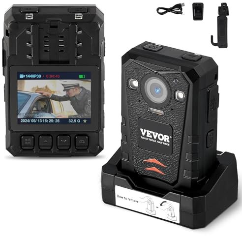 VEVOR 1440P HD Polizei-Körperkamera, 64 GB Bodycam mit Audio-Video-Aufnahmebild, eingebauter 3500 mAh-Akku, 2,0 LCD, Infrarot-Nachtsicht, wasserdichte GPS-Personal-Bodycam für die Strafverfolgung