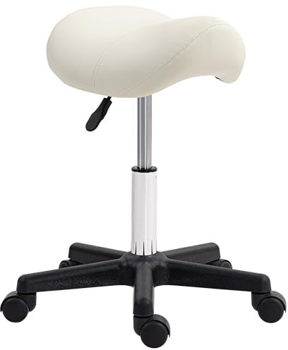 HOMCOM Saddle Stool, PU Leather Adjustable Rolling Salon Chair with Steel Frame for Massage, Spa, Beauty and Tattoo, White