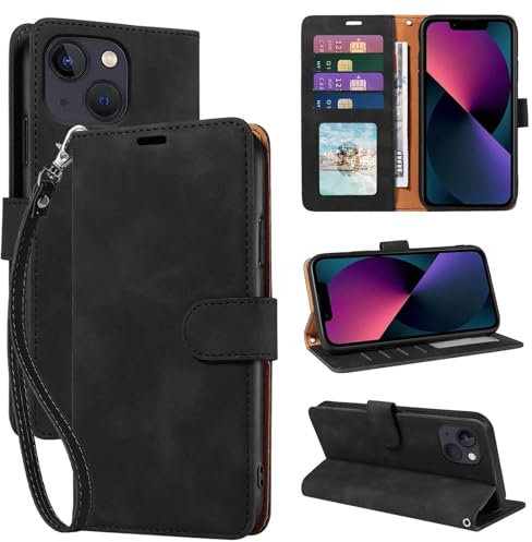 GOTOURED for iPhone 13 Mini Phone Case Wallet, RFID Blocking 3 Card Slots, Wrist Strap, Kickstand, Magnetic Closure, Shockproof Protective Soft Leather Flip Cover (Black)