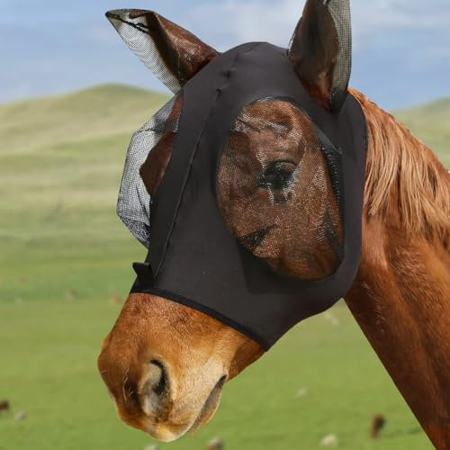 Masque Anti-Mouches Élastique pour Cheval, Masque Anti-Mouches Protection Anti-UV, Masque Cheval, Maille Respirante, Anti-UV, Anti-Moustiques, Insectes