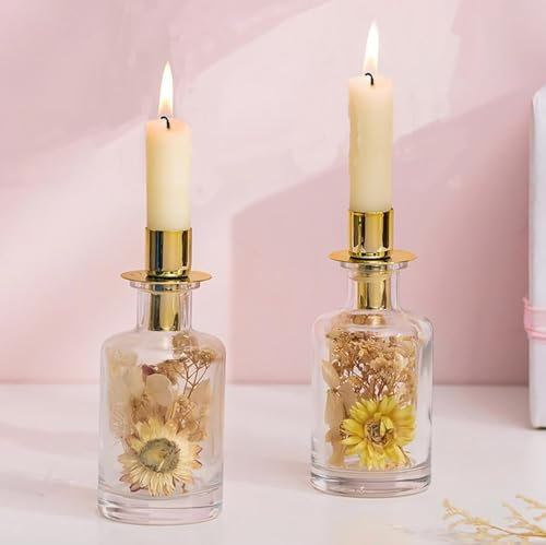 NUPTIO Kerzenständer Stabkerzen mit Trockenblumen Kerzenhalter: 2er Glas Stabkerzenhalter DIY Gold Kerzenhalter Weihnachten Geschenke für Frauen Tischdeko Esstisch Frühling Boho Deko
