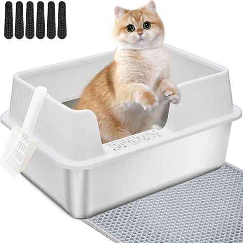 Vealind Stainless Steel Litter Box Metal Cat Litter Tray Heavy Duty, High Sided Cat Litter Tray with Detachable Rim Enclosure Sturdy Durable Large Kitty Litter Pan