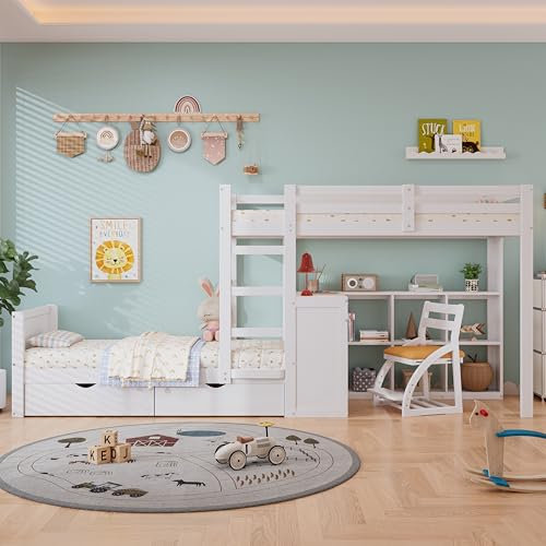 Dolamaní Etagenbett 90x200 cm mit 2 Betten für Kinder & Jugendliche, Kinderbett mit Schreibtisch & Mehrere Regale, 2 Schubladen, Rahmen aus Kiefer, Rausfallschutz (Weiß)